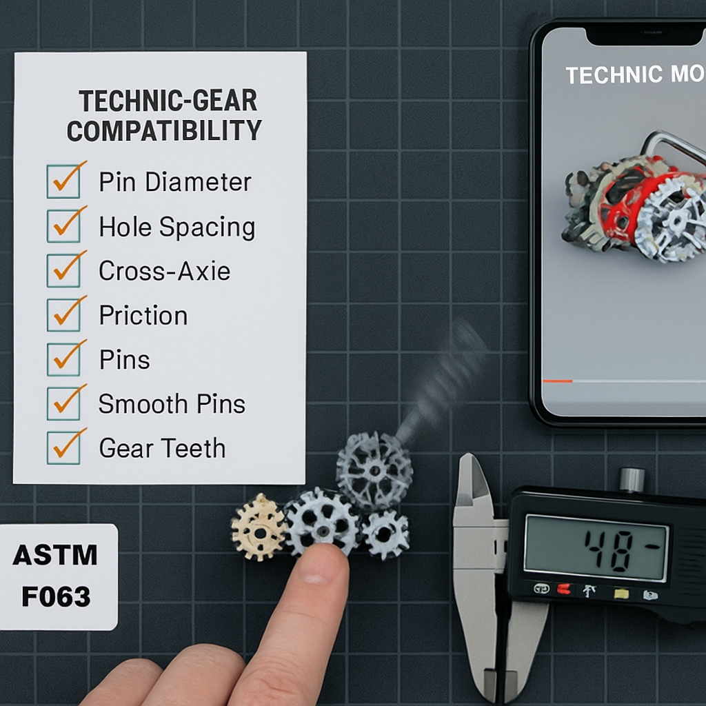 Four-gear train mixing three compatible brick brands — digital caliper measuring 4.8mm pin hole diameter, six-row compatibility checklist, and ASTM F963 certification card on a dark build mat