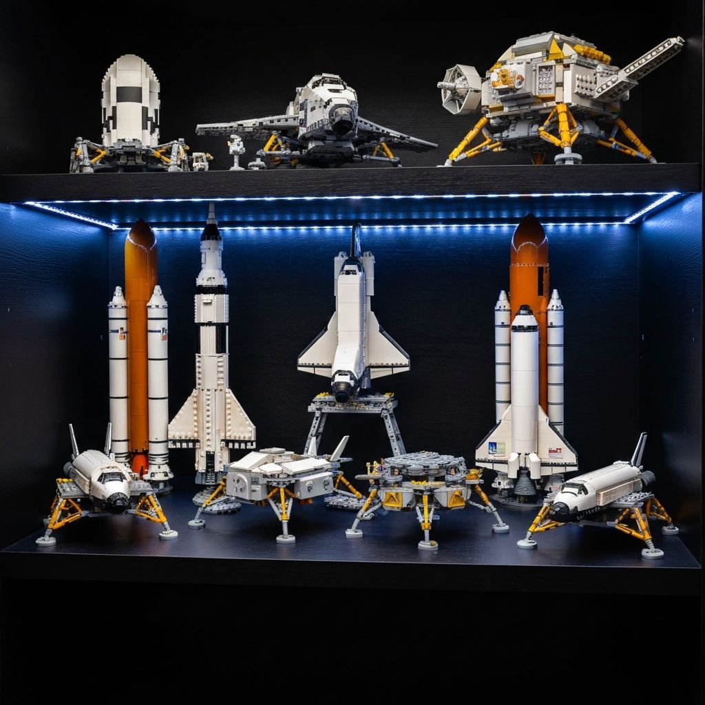 Space building block collection with rocket and spacecraft models displayed on a lit shelf using MOREBYBOURN LEGO-compatible ABS bricks