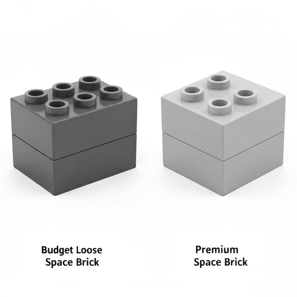 Side by side macro comparison of Jaki rocket brick stud surface versus MOREBYBOURN premium ABS brick clutch quality