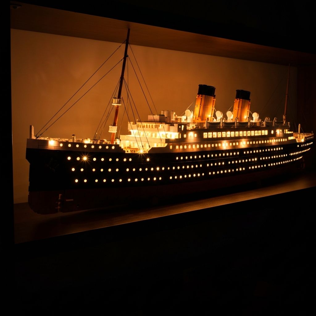 Jie Star 58001 Titanic building block model with LED lighting illuminating portholes and deck on collector shelf
