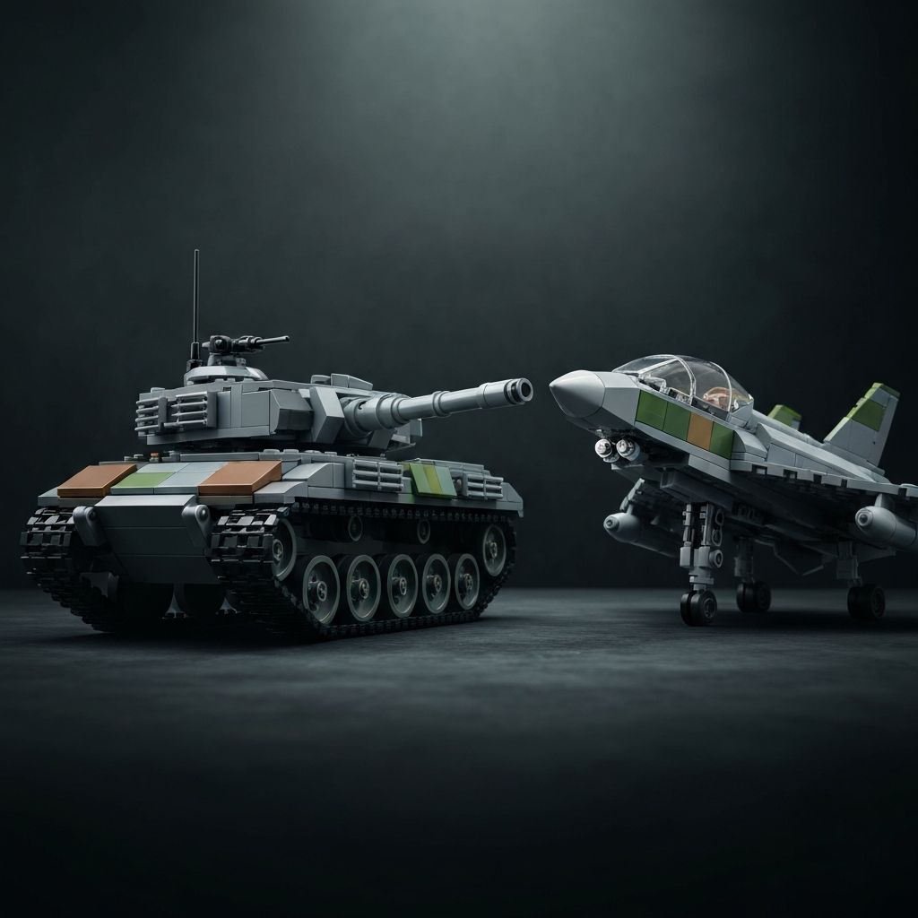 MOREBYBOURN premium military building block set — detailed tank and fighter jet models in high-grade ABS bricks on a dark display surface