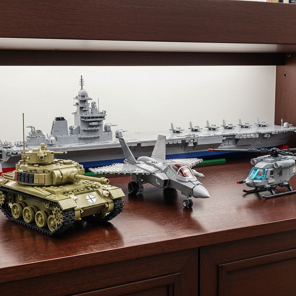 Kazi-compatible military building block diorama — tank fighter jet and naval warship models displayed on a collector shelf with atmospheric lighting