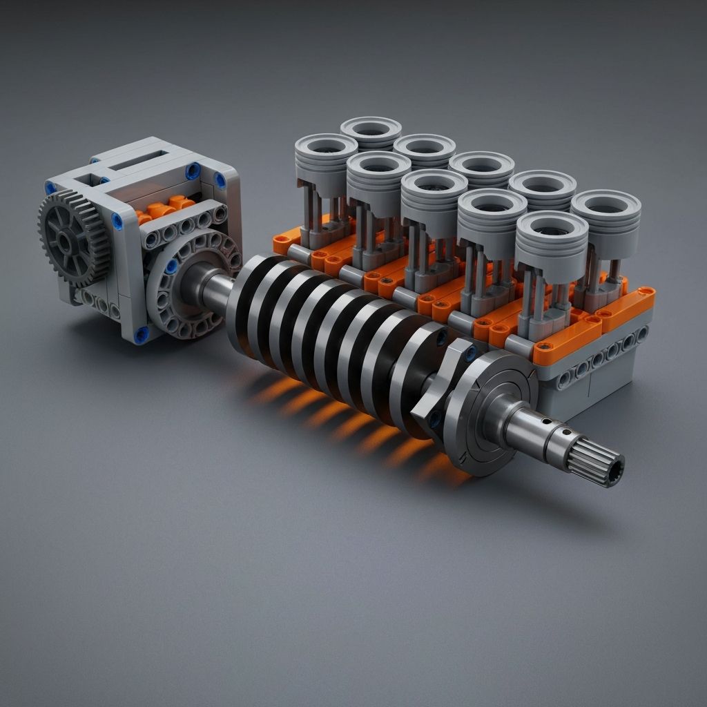 Close-up of V12 engine building set crankshaft assembly showing twelve connecting rod journals and three cylinder banks in grey and orange ABS bricks with Technic gear drive visible