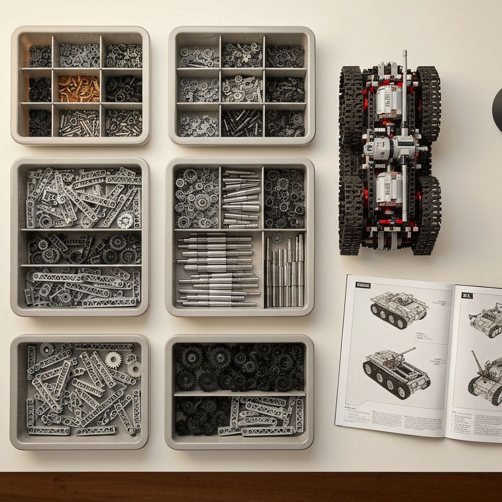Overhead view of organized building block workspace with compartmentalized trays sorted by part geometry: pins, axles, gears, and Technic beams beside a partially assembled RC tank chassis