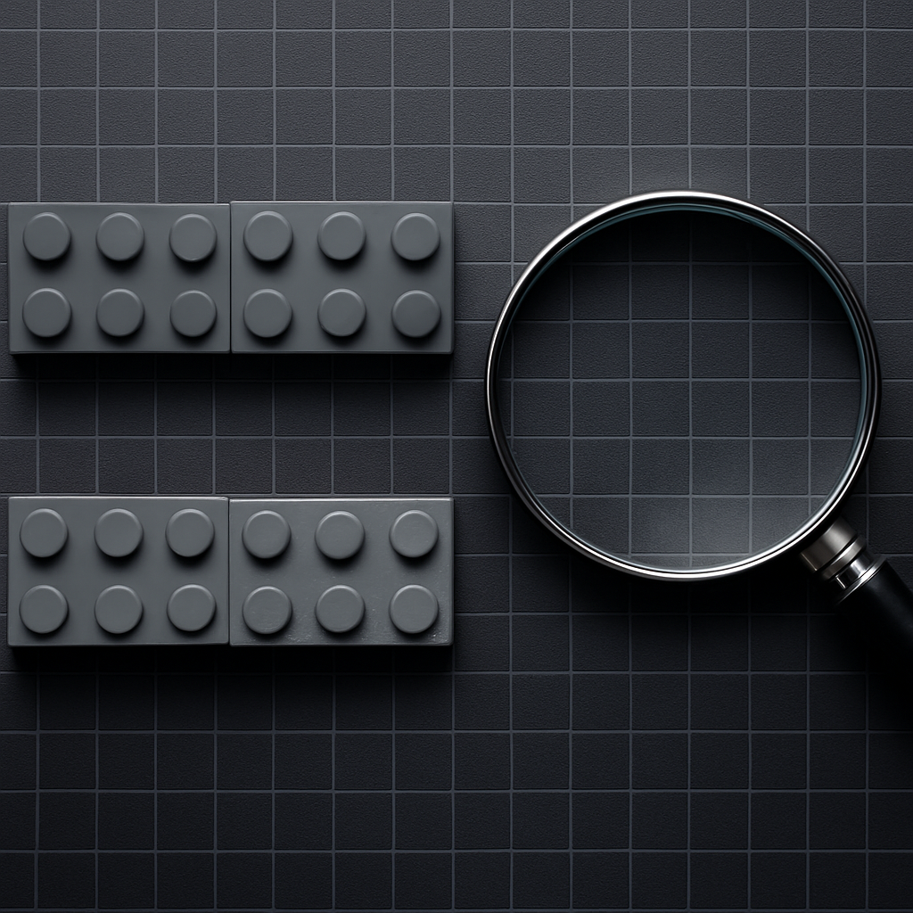 Side-by-side flat-lay comparison of premium vs poor quality ABS bricks — top row shows clean sharp studs and consistent dark grey color, bottom row shows warped plates and mismatched tones