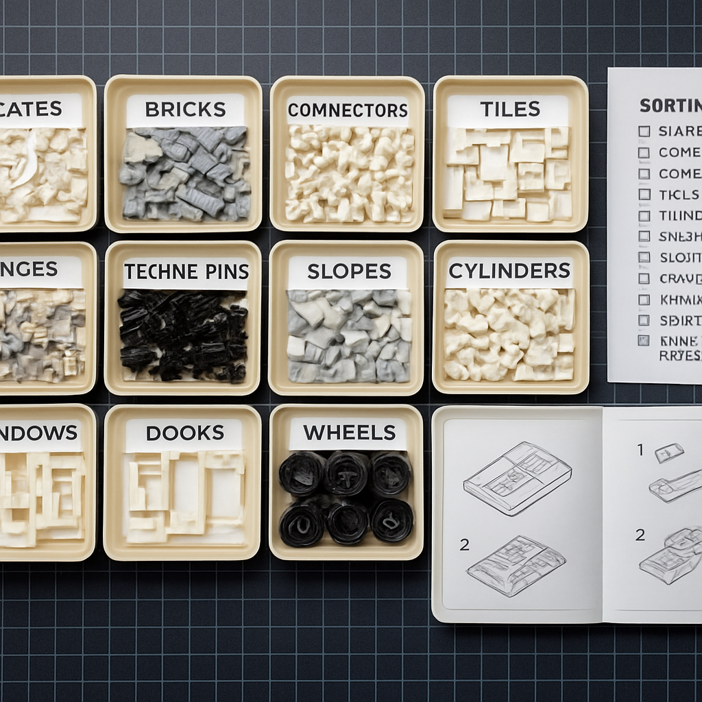 Overhead view of a systematic brick sorting setup with twelve labelled trays organised by part type — plates, bricks, connectors, tiles, hinges, technic pins, slopes, cylinders, windows, doors, wheels, and small detail pieces — alongside a sorting checklist and open instruction booklet