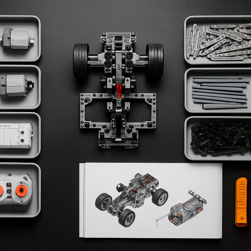 Overhead flat-lay of alternative lego motors and Technic components — rotation motor, servo motor, smart hub, remote control handset, and sorted beams and axles arranged for a motorized supercar build