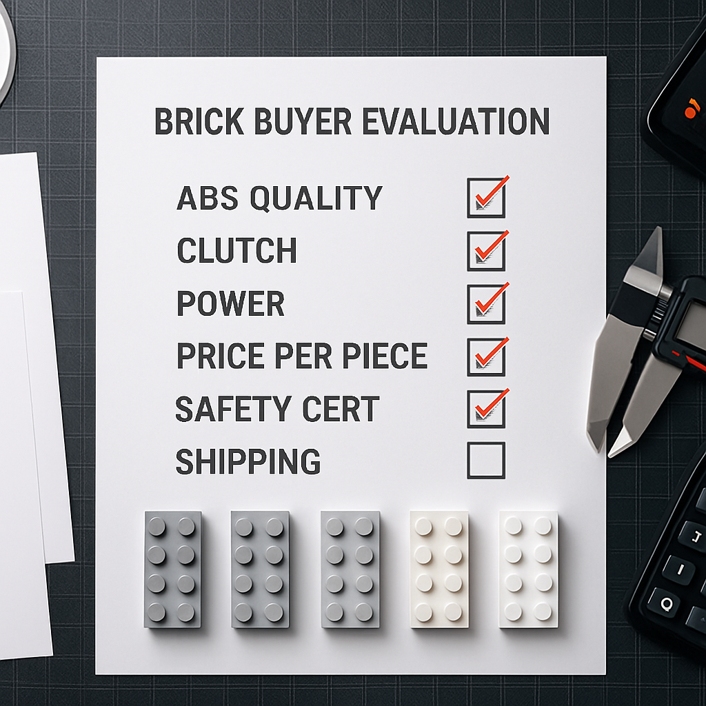 Brick buyer evaluation workspace showing a 5-point checklist, ABS quality brick comparison row, ASTM F963 and EN71 certification printouts, a smartphone with Reddit community reviews, and a price-per-piece calculator