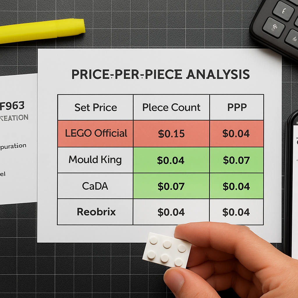 Price-per-piece comparison table showing LEGO at 0.15 USD versus Mould King CaDA and Reobrix at 0.04–0.07 USD per piece, alongside ASTM F963 and EN71 certification checklist