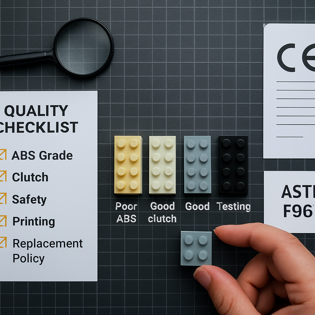 Five ABS bricks in a quality comparison row beside a CE certification document and ASTM F963 label, with a five-point quality checklist ticked in orange