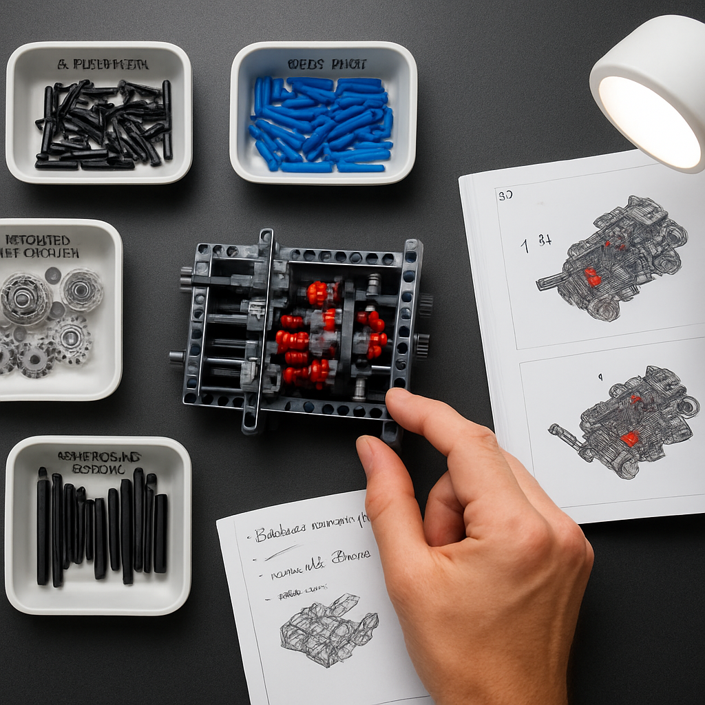 Overhead flat-lay of a Technic car build workspace showing the completed chassis with exposed gearbox, four sorting trays of Technic components, and an open instruction booklet
