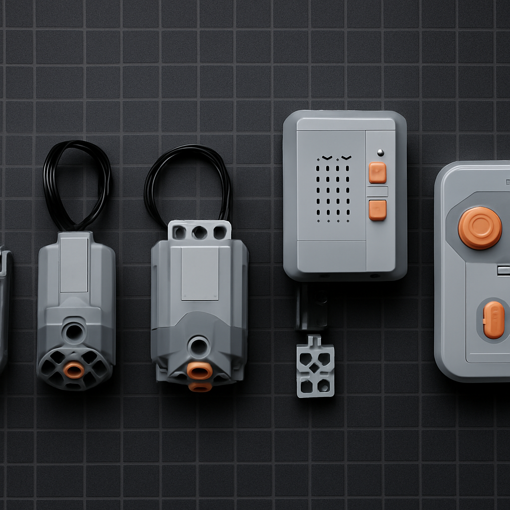 Four LEGO-compatible Power Functions motors — M-Motor, L-Motor, XL-Motor, and Servo Motor — arranged beside a battery box, IR receiver, and remote control on a dark build mat