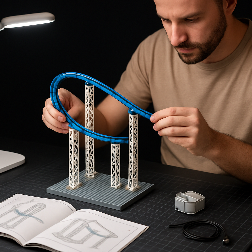 Adult builder assembling a building block roller coaster kit with three completed latticed support column modules rising from a squared base platform, instruction manual open beside the build