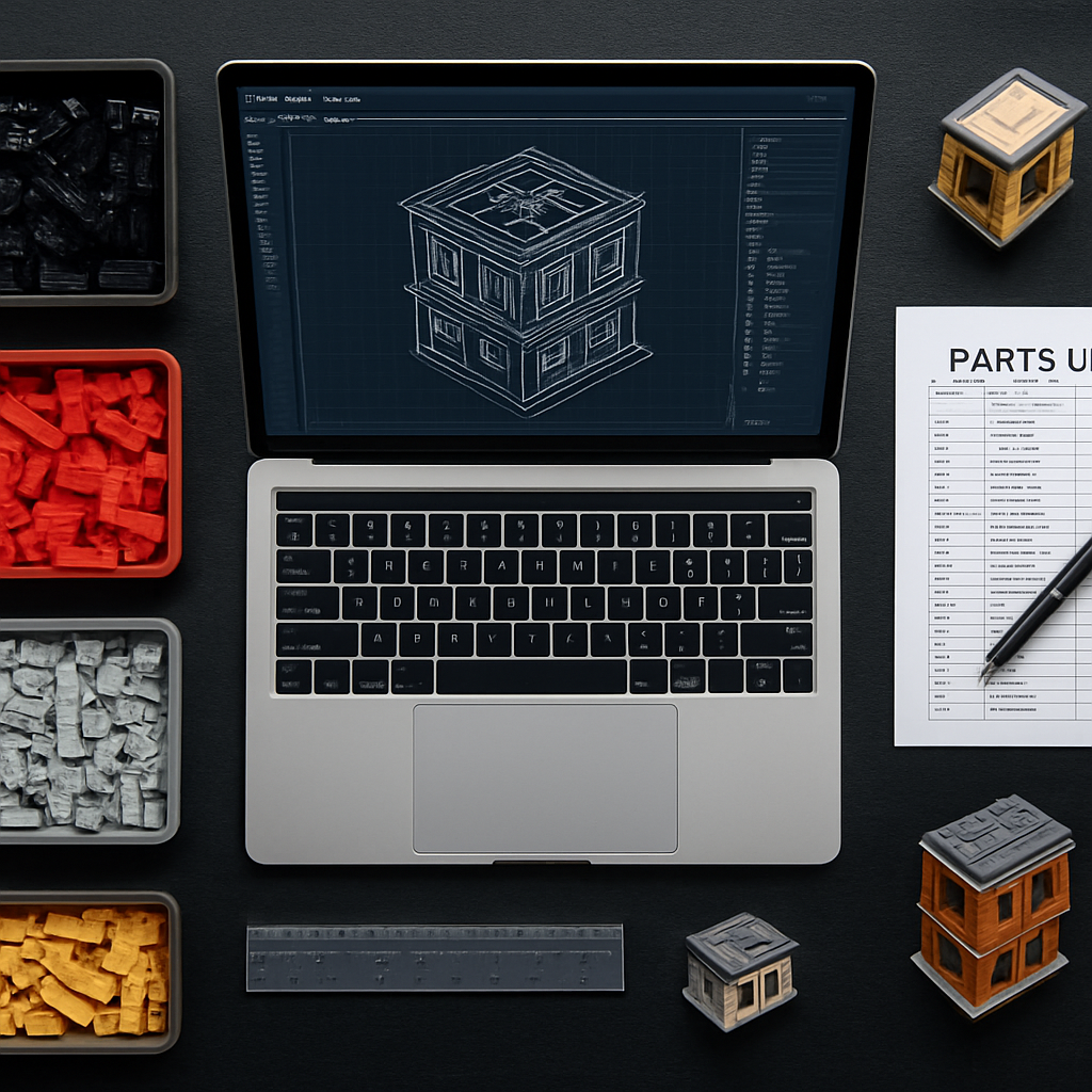 Brick builder planning workspace with a laptop showing Stud.io 3D design software, sorted ABS bricks, a parts checklist, and finished reference models
