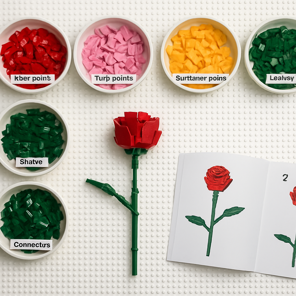 Overhead flat-lay of a brick flower bouquet build workspace showing sorted petal trays, an open instruction booklet at the flower build step, and a brick separator tool — the correct setup for a lego flower bouquet alternative build