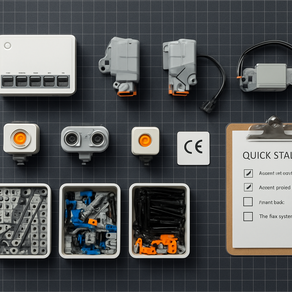 Overhead flat-lay of LEGO Mindstorms alternative robotics components — hub controller, L-motors, servo motor, color sensor, distance sensor, gyroscope, and sorted Technic parts on a dark build mat