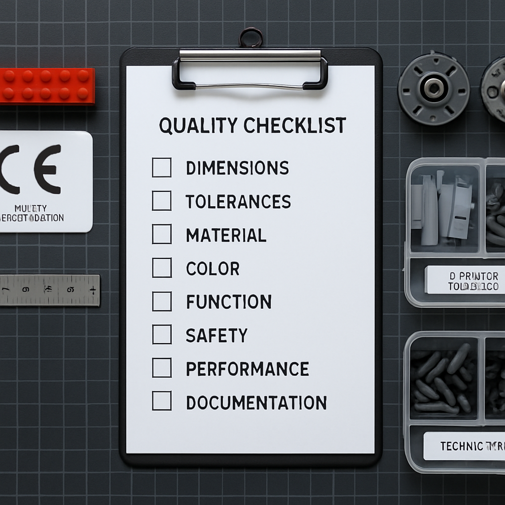 Overhead flat-lay of a brick quality checklist workspace showing ABS stud tolerance measurement, CE safety certification, motorized hub component beside its compatible alternative, and sorted parts trays