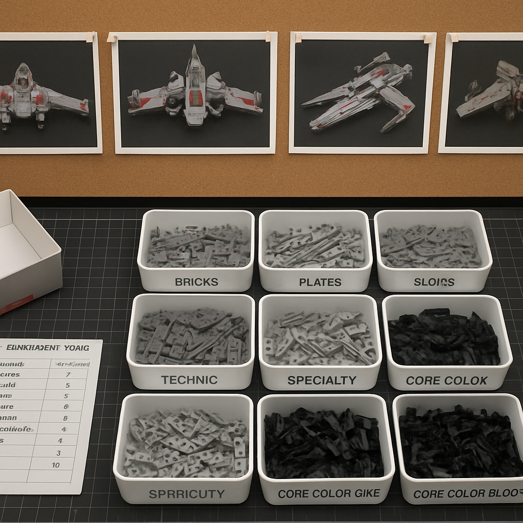 Overhead flat-lay of a brick rebuild sorting setup showing eight labelled part trays, reference photos pinned above the mat, an inventory tally sheet, and an empty donor set box on a dark surface