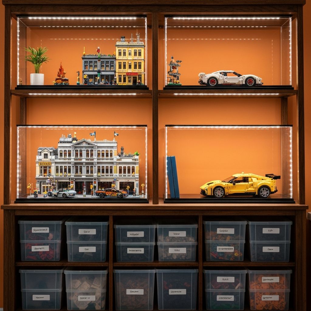 Premium alternative building block models displayed inside UV-protective acrylic cases with LED strip lighting on dark wood shelving
