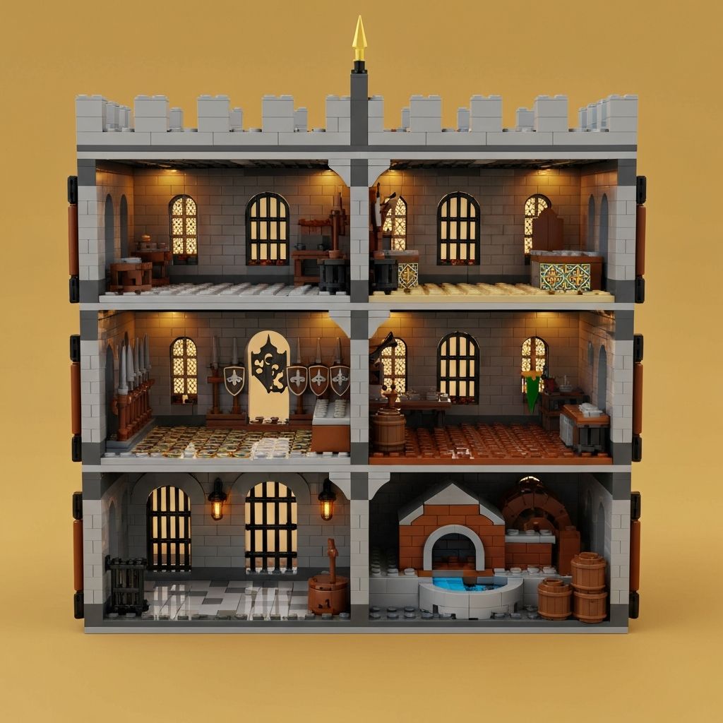 Lion Knights' Castle 10305 opened on hinge system revealing multi-floor interior — dungeon, armoury, kitchen, and royal chamber built from grey and brown ABS bricks