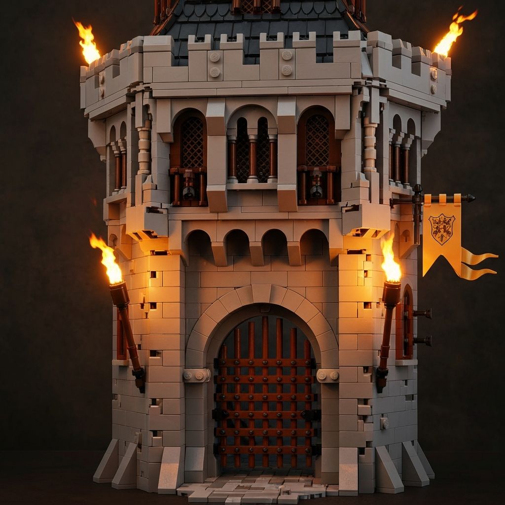 Premium adult building block medieval castle tower and gatehouse assembled from ABS bricks with stonework battlements arched gate and banner accessory