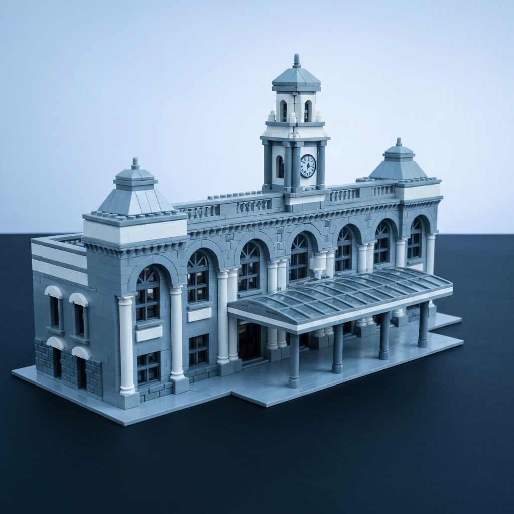 Premium adult building block neoclassical train station model assembled from light grey and white ABS bricks with arched windows columns clock and grand entrance canopy