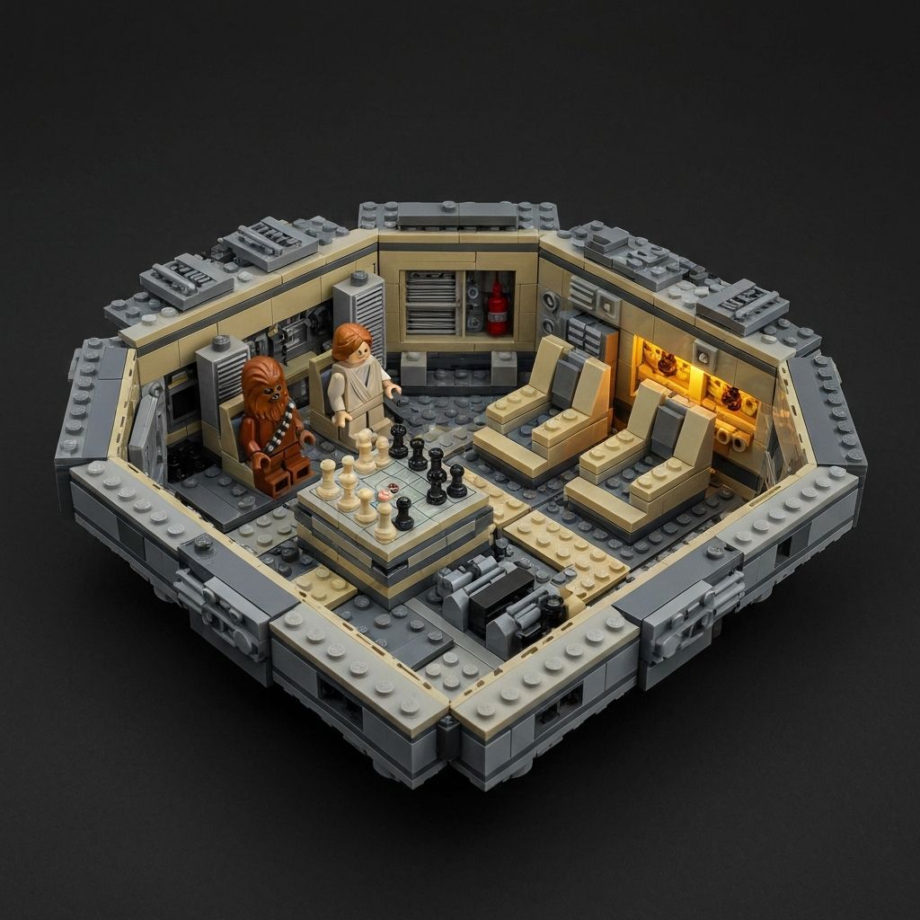 Millennium Falcon 75257 Star Wars with top hull panels removed revealing the Dejarik holochess table, cockpit seats, and cargo hold interior