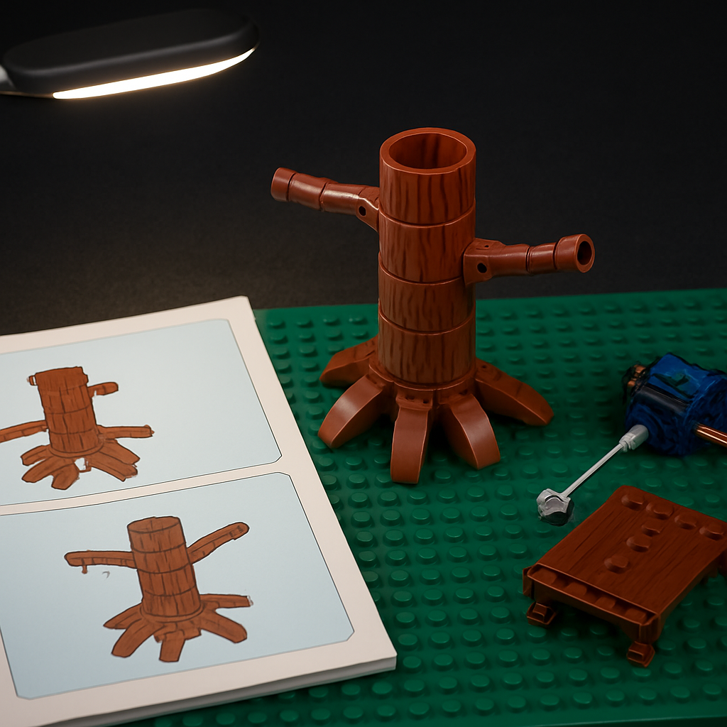 Building block village tree house under construction showing log-textured trunk modules, completed branch connector nodes, and a servo push-rod drawbridge assembly on a build mat with instruction manual