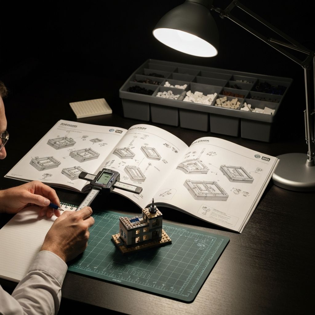 Adult collector at a clean desk comparing three open instruction booklets showing complex subassembly diagrams, using a digital caliper to measure a finished 6-inch nano-scale architectural micro model