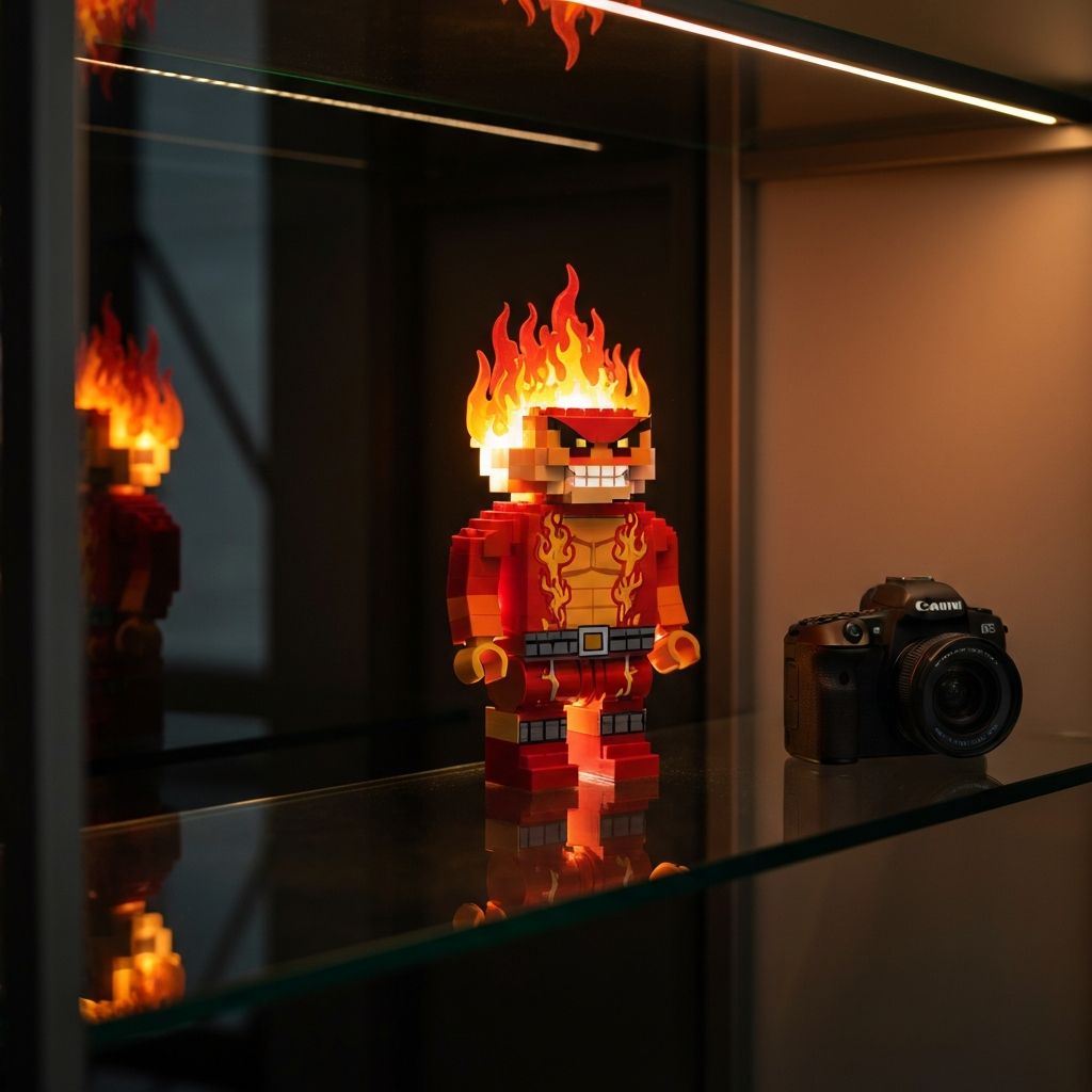 MOC-136894 Anger building block figure displayed with LED accent lighting on a glass collector shelf