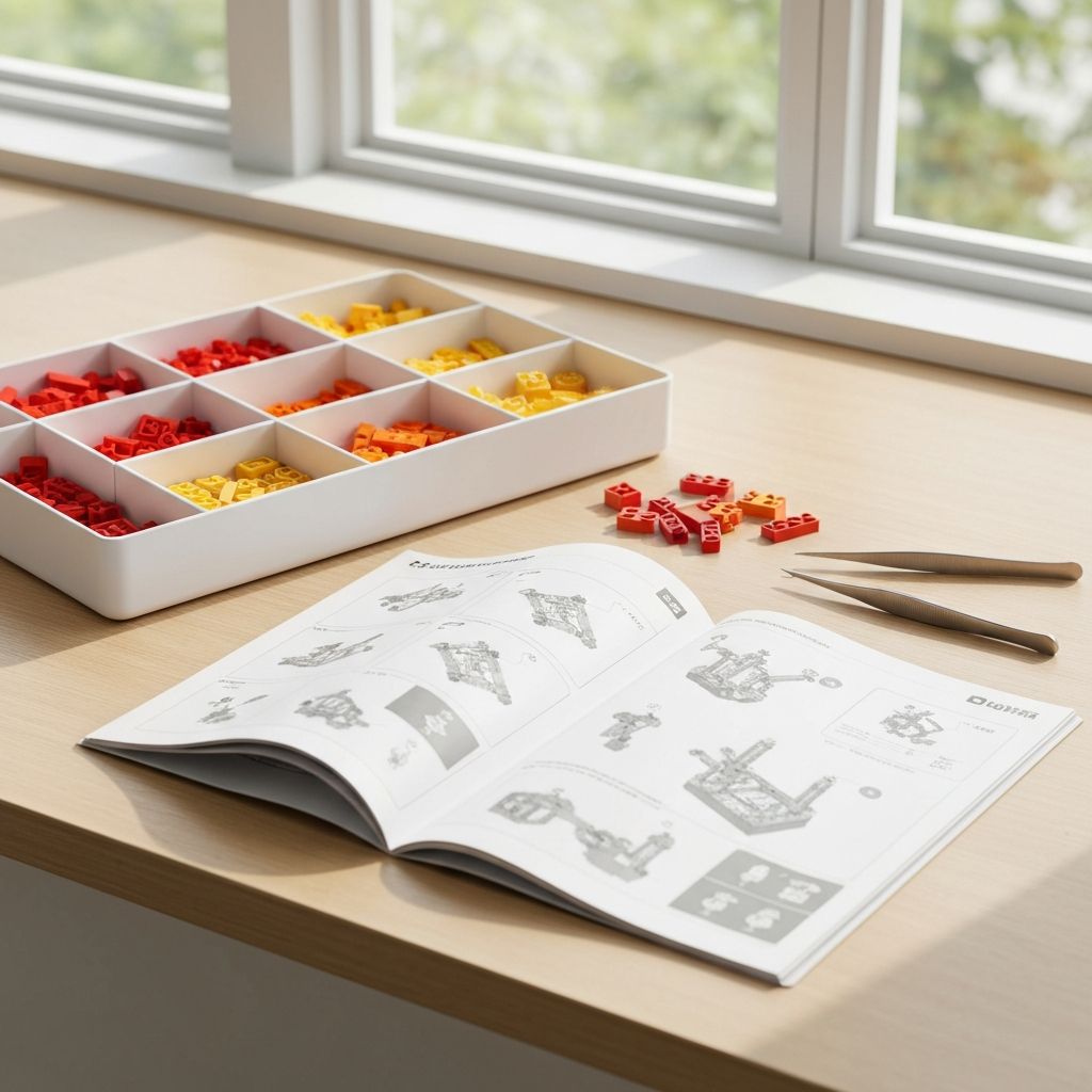 Organized builder workspace with sorting trays, instruction manual, and desk lamp for MOC-136894 Anger assembly