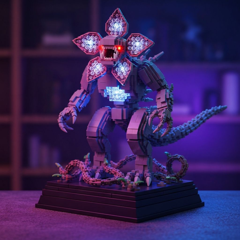 Completed MOC-38943 Demogorgon displayed on custom dark brick base with vine details and LED lighting inspired by the Upside Down