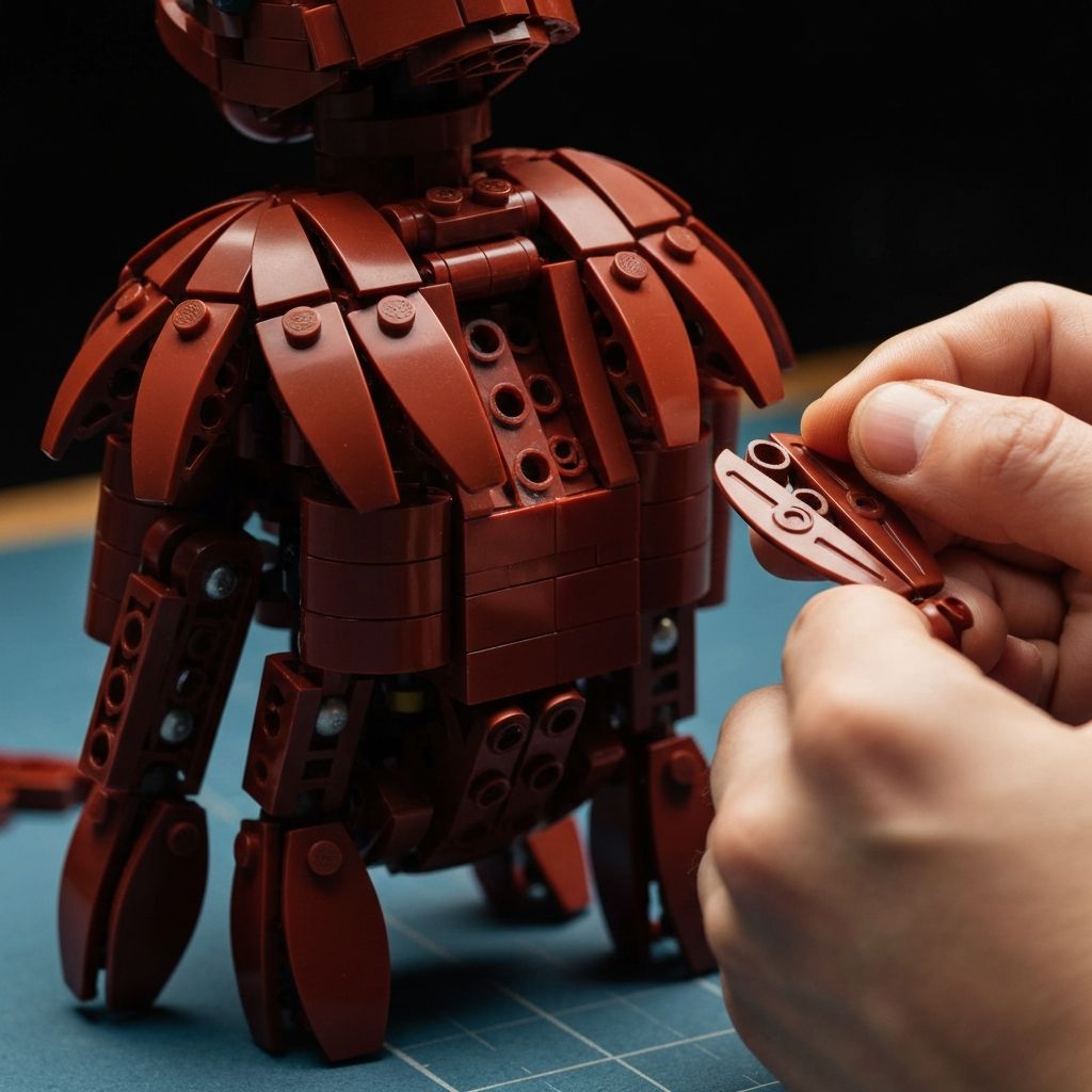MOC-38943 SNOT technique assembly close-up showing hinge plates and ball joints on Demogorgon torso