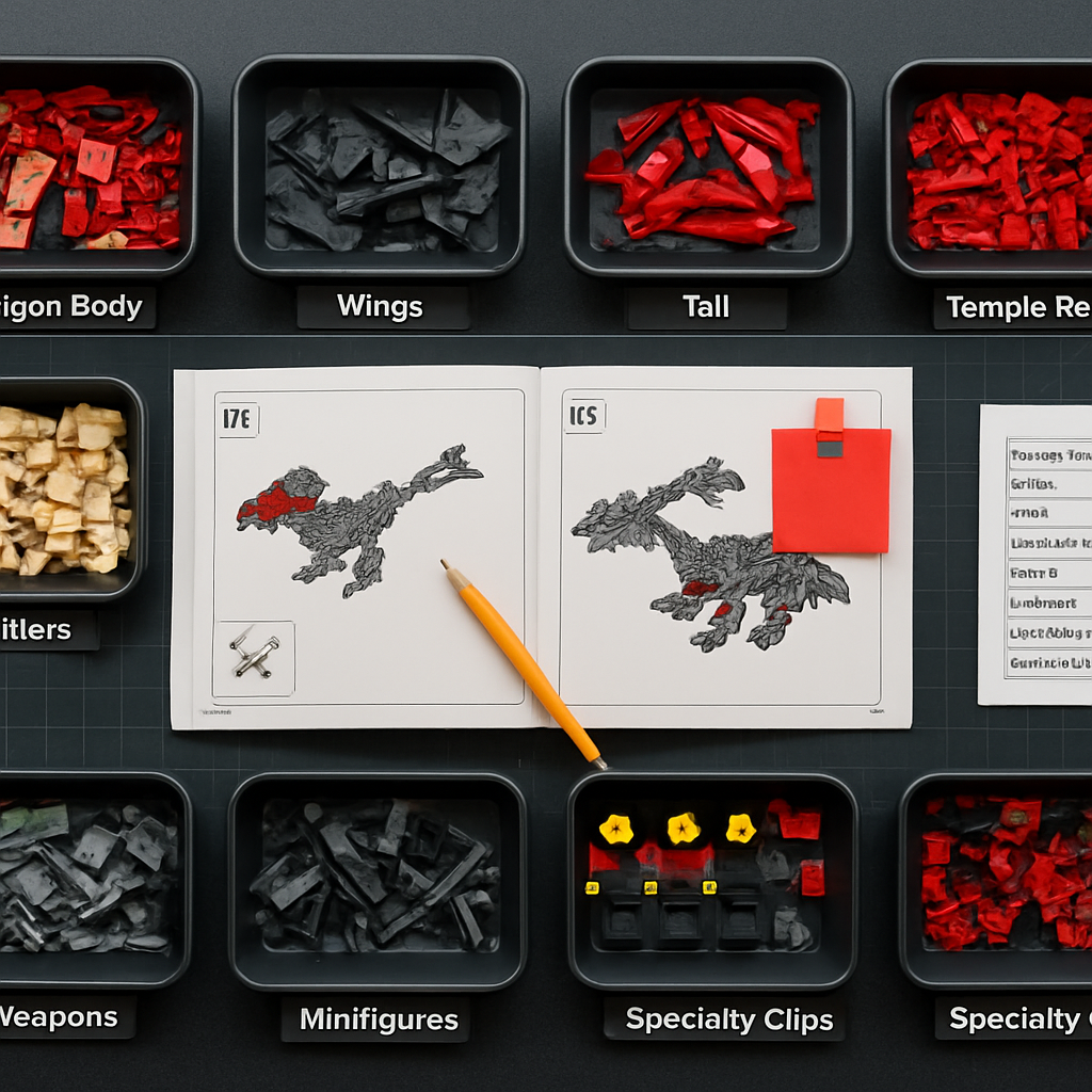 Overhead flat-lay of a ninja MOC sorting workspace showing an open instruction booklet with a sticky note page marker, eight labelled parts trays, and a ticked build checklist