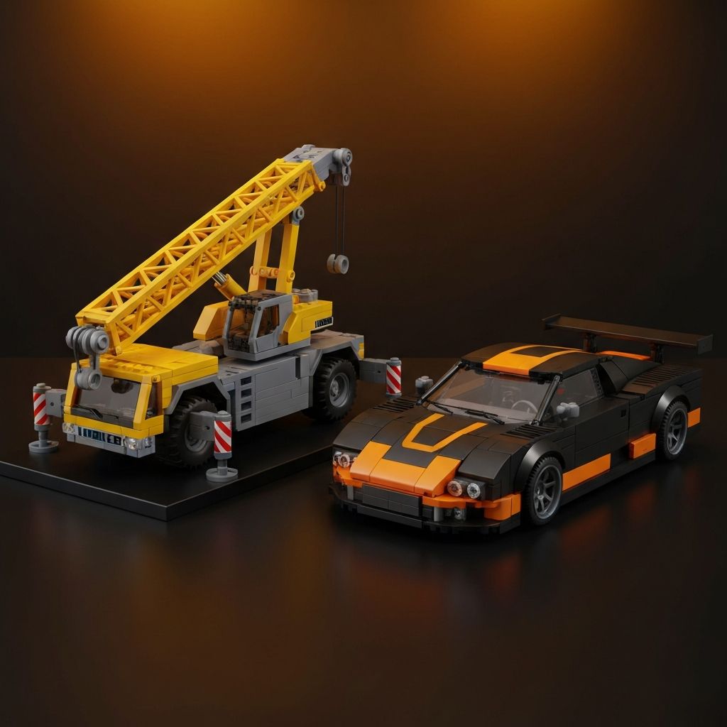 Two premium alternative building block models side by side: Mould King 17007 Liebherr yellow telescoping mobile crane with outriggers and CaDA Smiling Assassin Sprint 110 sleek black and orange racing car, on a dark display surface with warm amber studio lighting