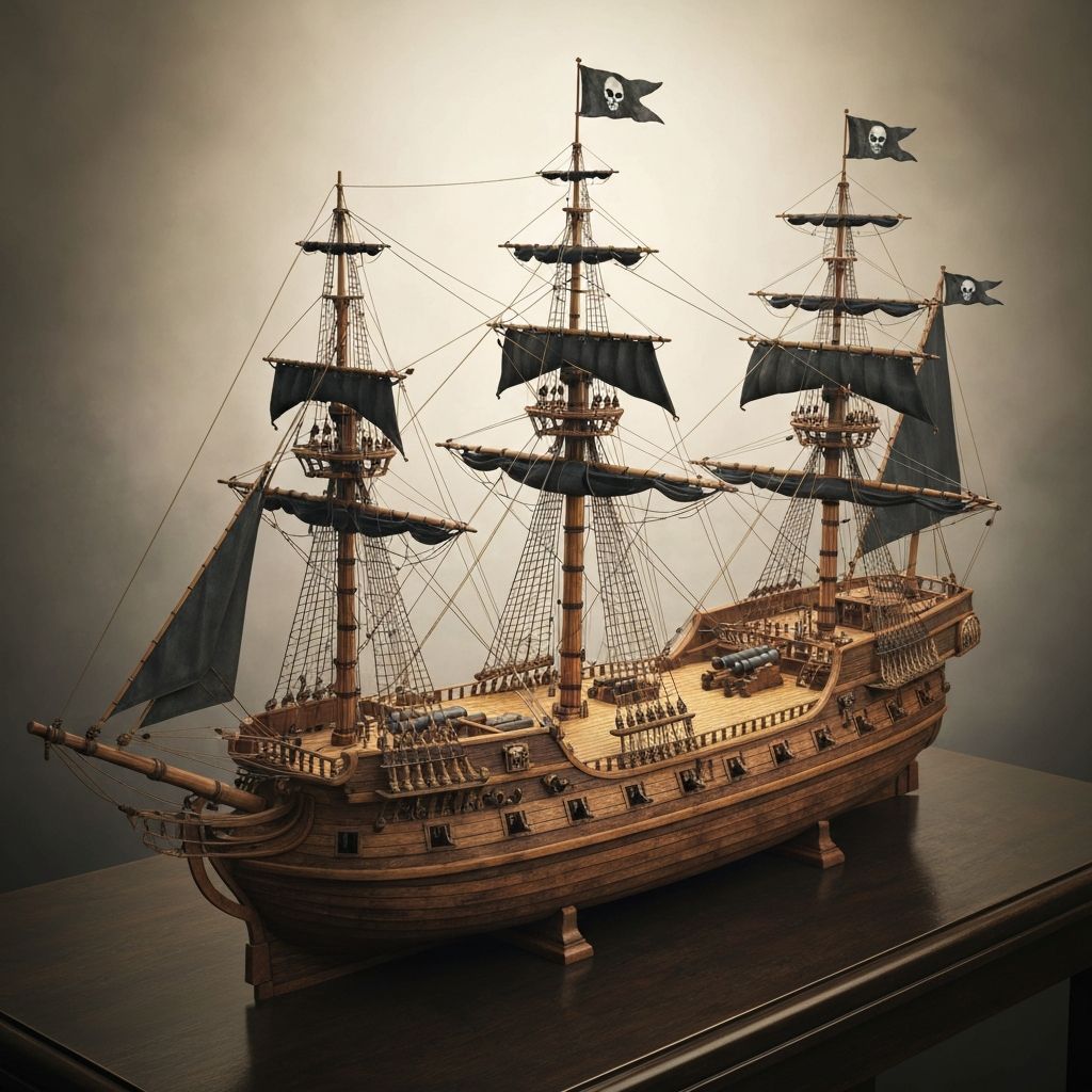 Premium Mould King 10066 Queen Annes Revenge pirate ship building block model with dark hull, tall masts, detailed rigging ropes, black sails, and cannon ports along the gun deck, displayed with dramatic blue studio lighting