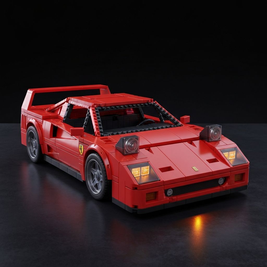 Mould King 27077 F40-style Ferrari supercar building block model in red and black ABS bricks, showing angular wedge body shape with rear biplane spoiler and pop-up headlights on a dark display surface
