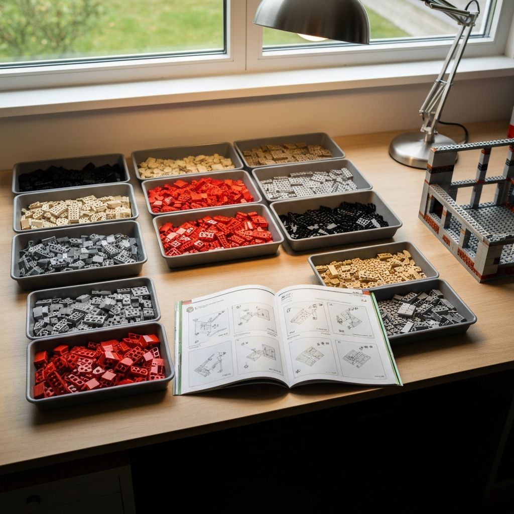 Organized adult hobbyist build workspace with colour-sorted ABS brick trays, open instruction booklet, and a partially assembled building block model under natural window light
