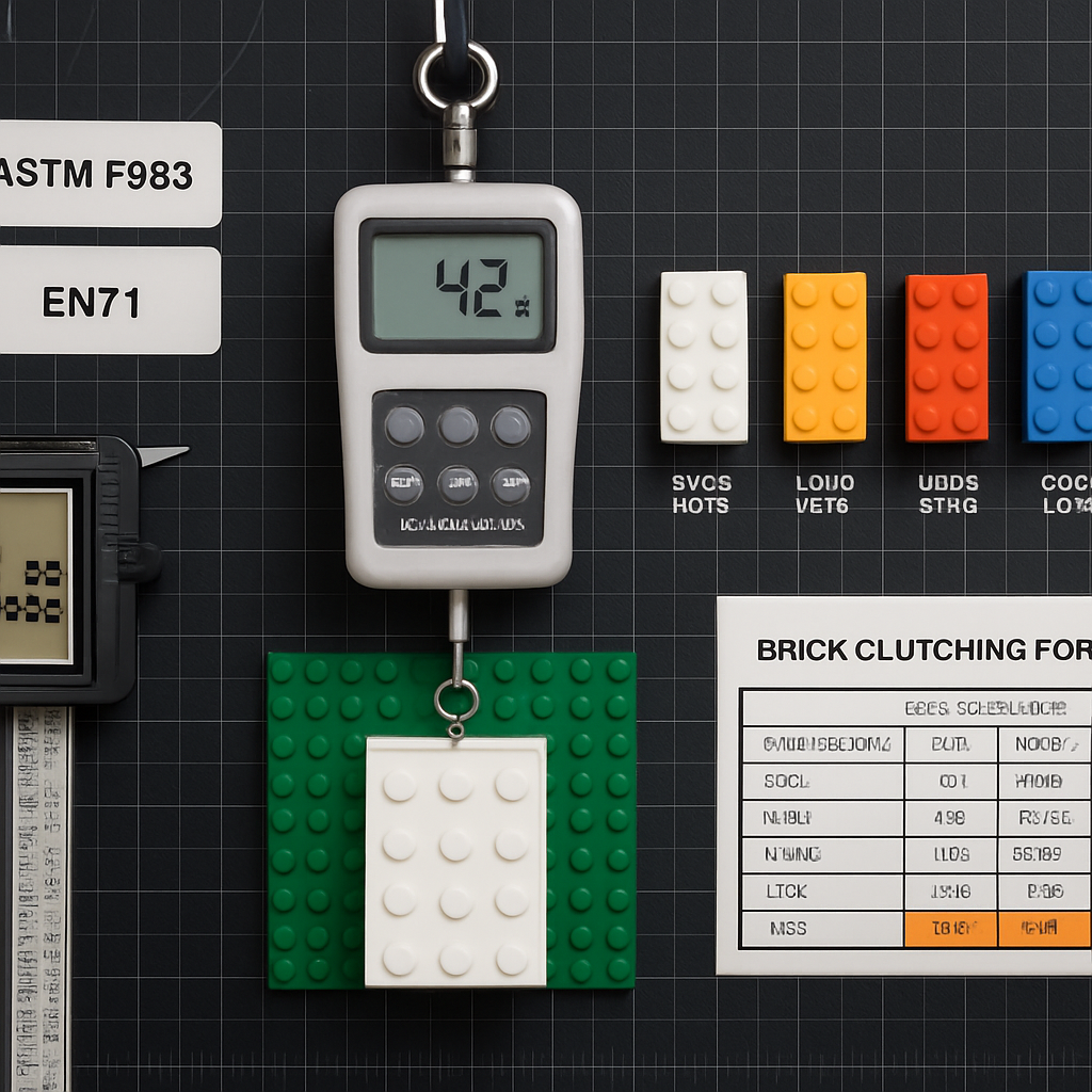 Digital force gauge measuring MOREBYBOURN brick clutch power at 4.2 lbs alongside a row of eight branded bricks showing their clutch ratings from 4.2 lbs down to 1.8 lbs