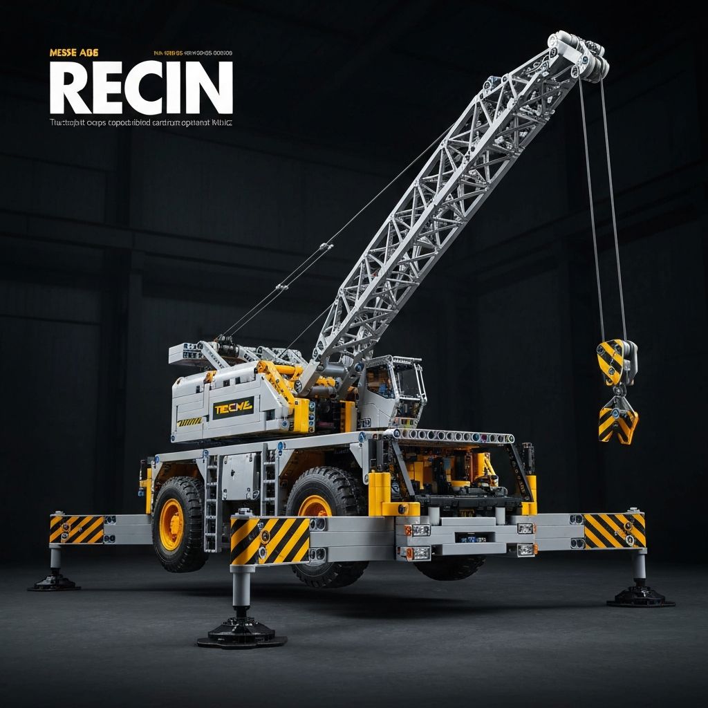 Mould King 17006 All-Terrain Crane building block model with extended telescopic boom and motorized winch, displayed on dark surface