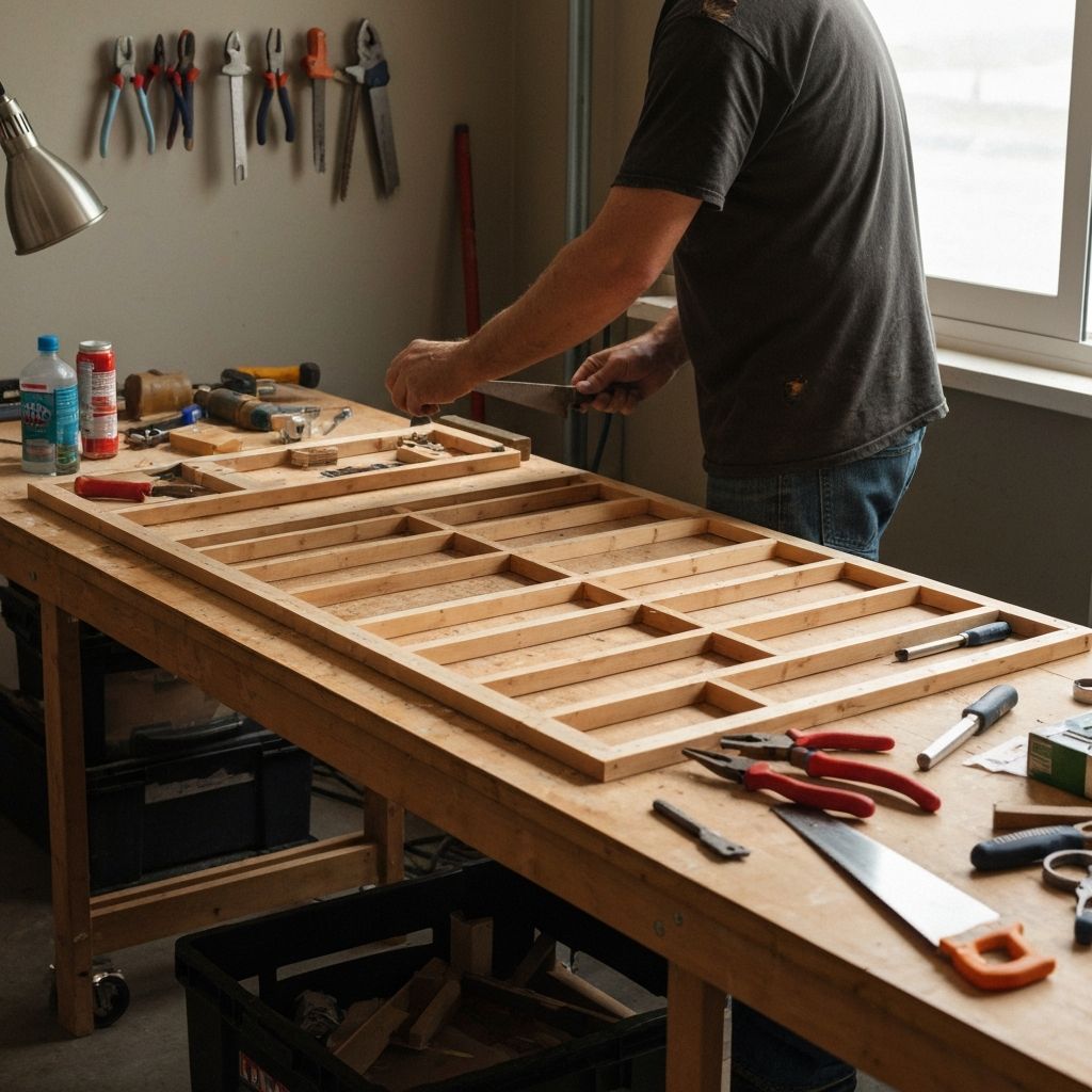 Adult hobbyist building a large Mould King technical model at a well-lit workbench with sorted ABS brick trays and instruction booklet