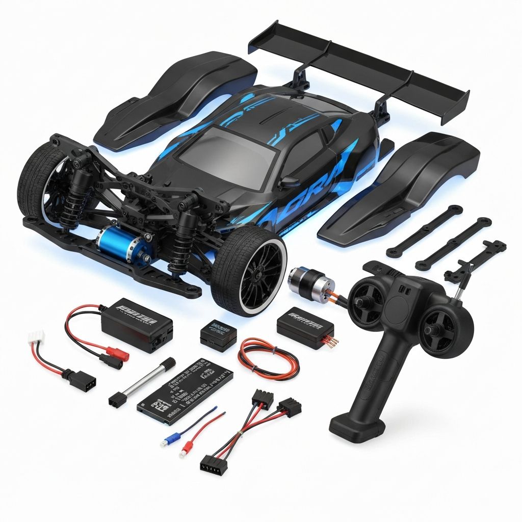 Mould King motor kit components laid out including motor, battery box, wireless receiver module, remote control handset, and coloured wires with connectors