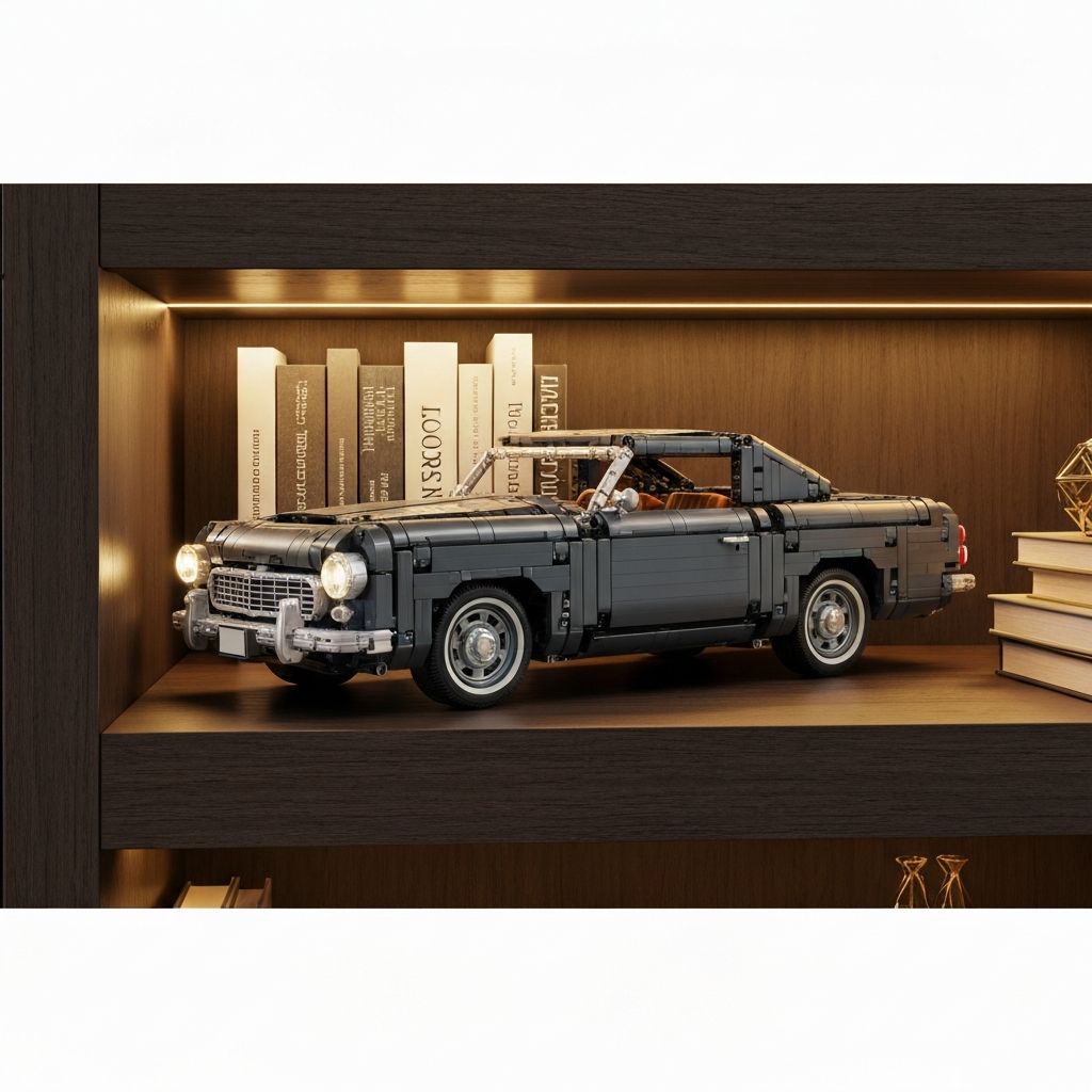 Completed Mould King vintage car building block model inside a UV-protective acrylic display case on a dark wood shelf with LED accent lighting
