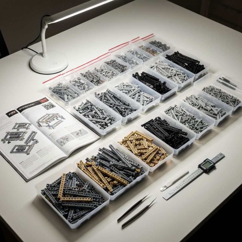 Organized builder workspace with Mould King vintage car numbered bags sorted in rows, Technic beams and pins in sorting trays, LED desk lamp and open instruction manual