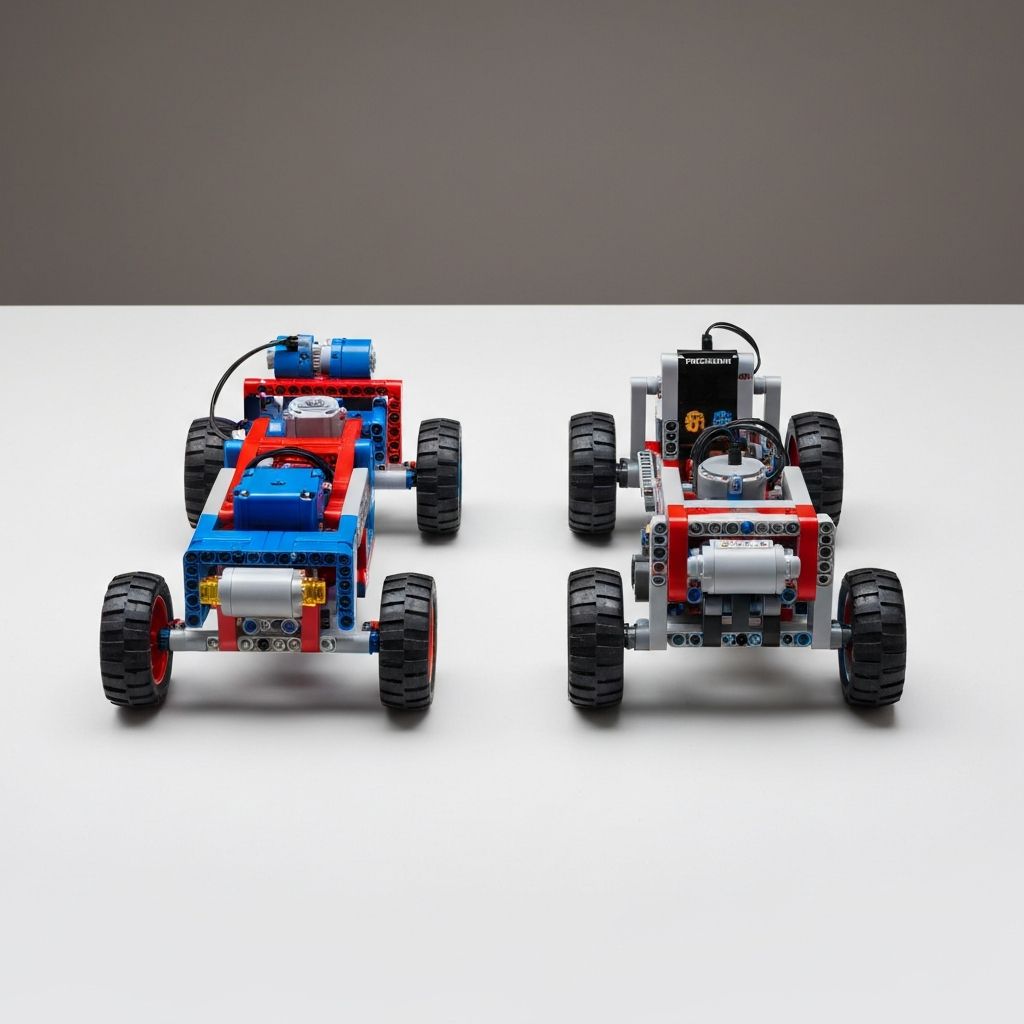 Side by side comparison of Mould King crane vs LEGO Technic crane showing motorization density and gearbox complexity differences