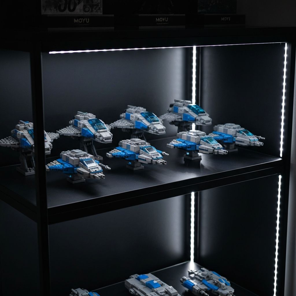 Five Moyu sci-fi spaceship building block models displayed as a collector fleet on premium LED-lit shelving
