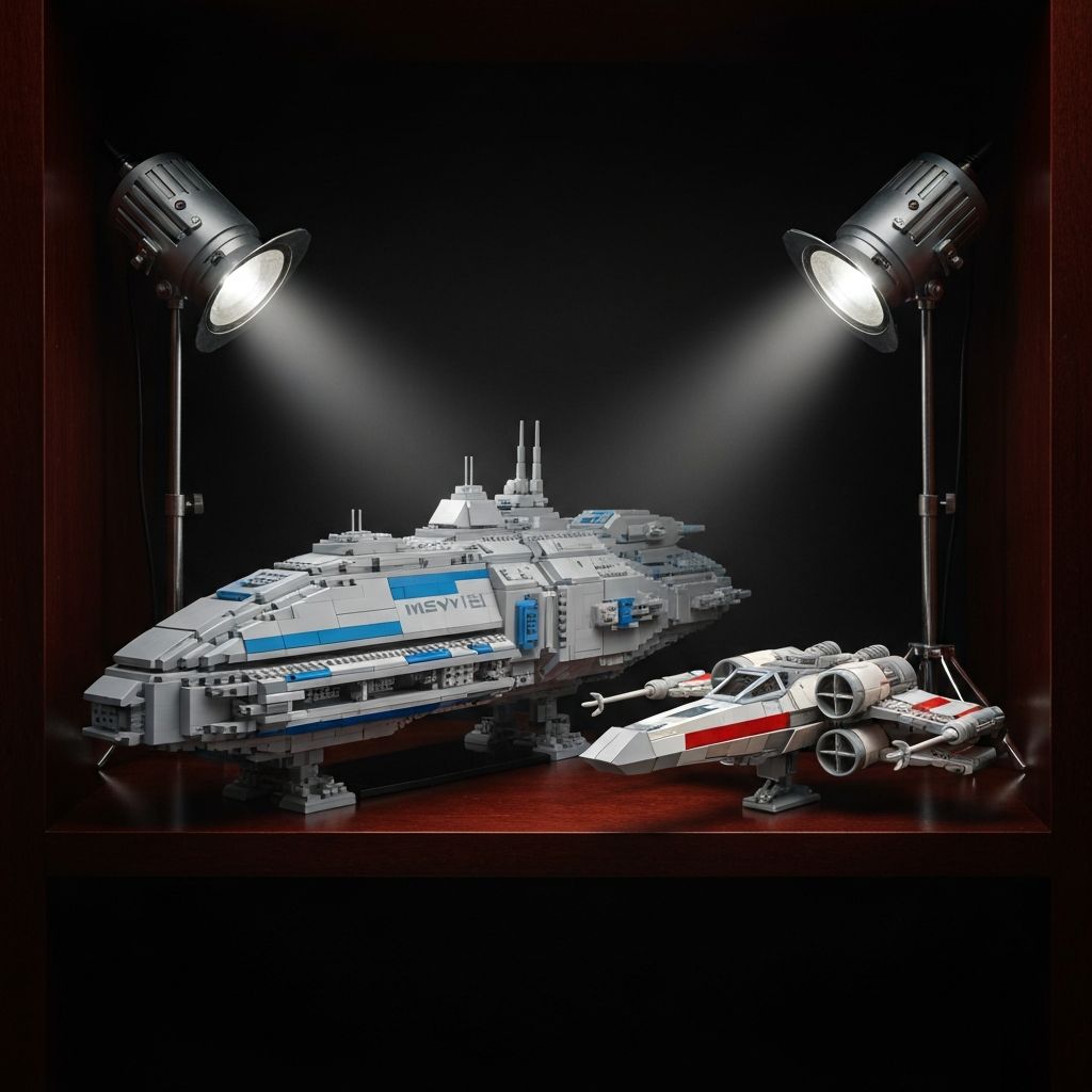 Moyu interstellar cruiser building block model displayed side by side with a classic LEGO Star Wars ship for comparison