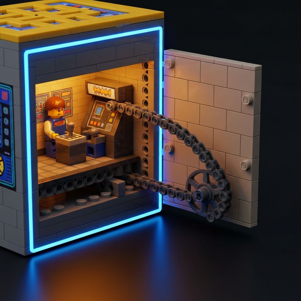 PAC-MAN Arcade 10323 rear panel open showing internal Technic gear-and-chain crank mechanism and hidden 1980s arcade vignette with seated minifigure
