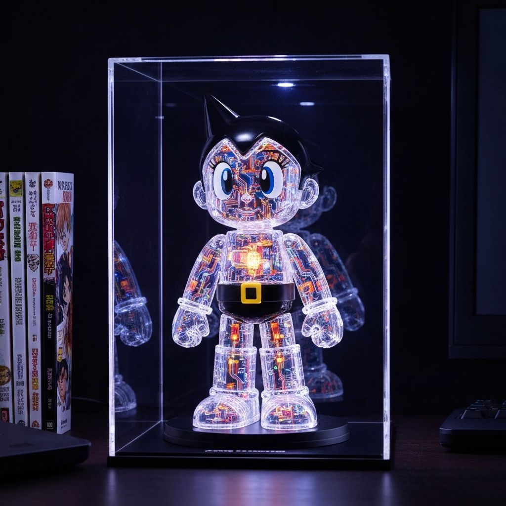 Pantasy Astro Boy 86203 displayed in acrylic case with LED lighting illuminating inner mechanical circuits on gaming desk
