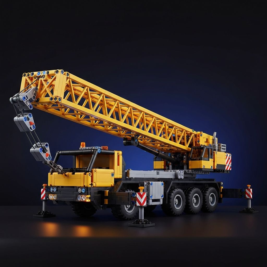 Premium adult building block Technic crane model with yellow and black colour scheme, extended lattice boom, deployed outriggers, rotating upper cab, and detailed chassis with wheels